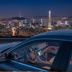 A luxurious private car parked at a viewpoint overlooking the sparkling cityscape of Seoul at night, representing a premium Seoul night view private tour.