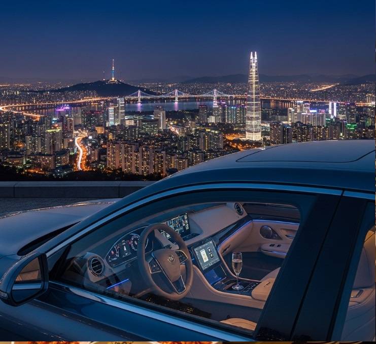 A luxurious private car parked at a viewpoint overlooking the sparkling cityscape of Seoul at night, representing a premium Seoul night view private tour.