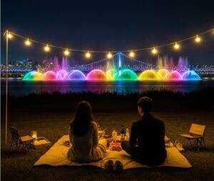 A couple having a romantic picnic at night by the Han River with the Banpo Bridge Rainbow Fountain in the background.