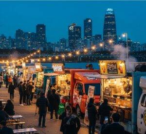 Yeouido Hangang Park Night Market: A lively scene at the Yeouido Hangang Park night market, showcasing illuminated food trucks and the Seoul city skyline, capturing the event's vibrant energy.