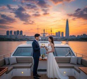 A couple enjoying a luxurious sunset cruise on a private yacht on the Hangang River, with the Seoul skyline providing a stunning backdrop.