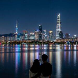 A couple enjoying the romantic night view of the Seoul skyline from a Han River cruise ship.