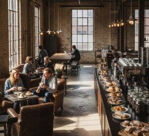 The rustic and industrial interior of Cafe Onion Seongsu, with its signature exposed brick walls and a busy, energetic atmosphere.

