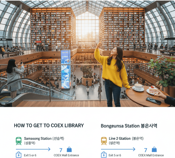 Starfield Library Seoul A young woman in a yellow sweater takes a selfie on the second floor of Starfield Library Seoul, with towering bookshelves and sunlight streaming in. Below, a graphic shows directions to the library from Samseong Station and Bongeunsa Station.