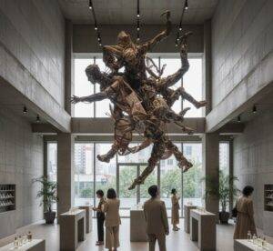  Inside the Tamburins Seongsu store, a large, dramatic art sculpture dominates the minimalist, high-ceilinged space, surrounded by subtle product displays.