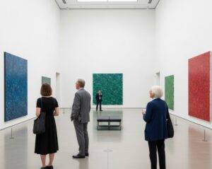 The interior of a minimalist art gallery in Seongsu, featuring large abstract paintings on white walls and visitors viewing the art.
