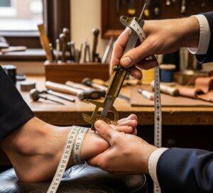 A master shoemaker taking precise measurements of a client's foot for a custom shoe last in a Seoul workshop.