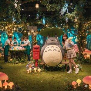 A young woman posing next to a large Totoro statue on a bench in a whimsical, forest-themed pop-up store, with LUSH staff in the background at an interactive bath bomb making station.