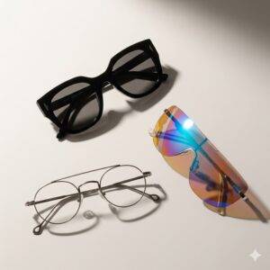 An artistic arrangement of three different styles of Gentle Monster sunglasses from the 2025 collection.