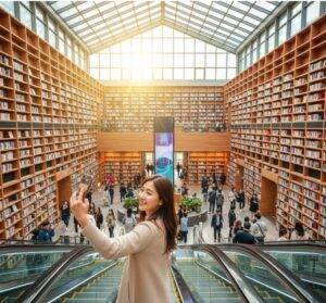 A smiling woman in a beige cardigan takes a selfie while riding an escalator up in Starfield Library, with the grand, multi-story bookshelves filling the background and sunlight from the glass ceiling.