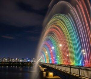  A stunning shot of the Banpo Bridge Moonlight Rainbow Show, capturing the vibrant, colorful display of water and light that is a highlight of any Seoul night tour.