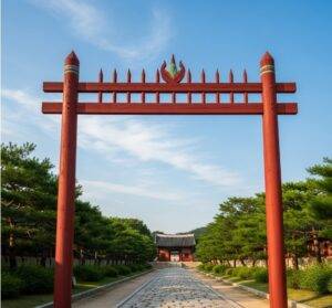 The vibrant Hongsalmun, a traditional Korean gate with red spikes, marking the sacred entrance to the Seonjeongneung Royal Tombs against a clear blue sky.