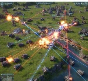 A large-scale, modern battle in Beyond All Reason with futuristic tanks and robots.