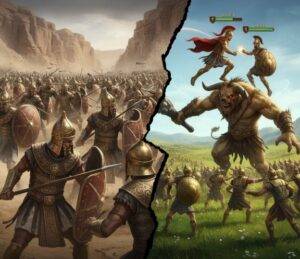 Split image contrasting Total War: Pharaoh's historical infantry battle with A Total War Saga: Troy's mythological combat featuring a Minotaur and hero duel.
