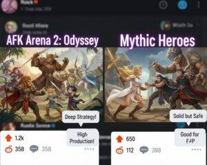 A side-by-side comparison image of AFK Arena 2 and Mythic Heroes, stylized as Reddit posts with upvotes and comments, highlighting key differences.