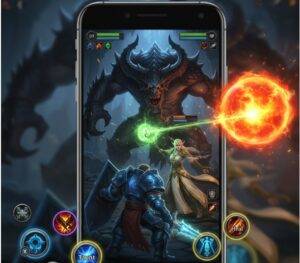 A fantasy warrior, healer, and mage looking at a glowing World of Warcraft logo on a modern smartphone, representing the dream of a WoW mobile game.