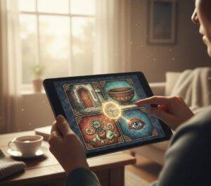 A person holding an Android tablet, interacting with a grid of four artistic puzzle game panels in a cozy living room setting.