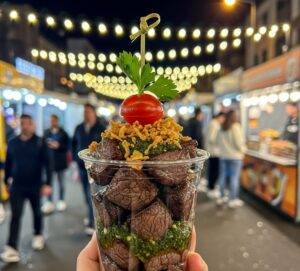 A close-up of a delicious cup of steak-in-a-cup, a popular street food dish from the Yeouido Hangang Park night market.