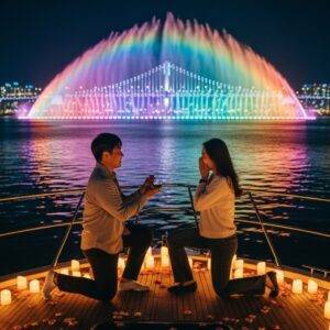 A magical nighttime proposal on a private yacht in Seoul, illuminated by decorative lights and the spectacular Banpo Bridge Rainbow Fountain.