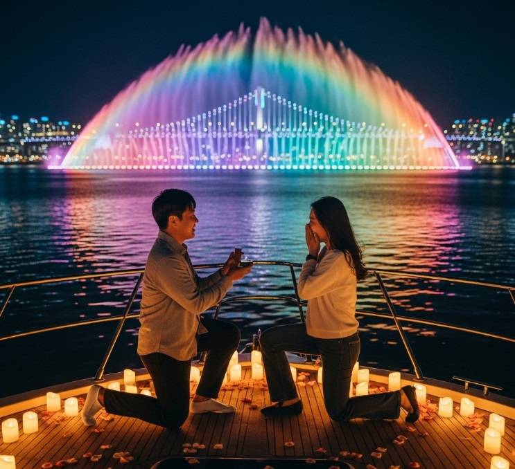 A magical nighttime proposal on a private yacht in Seoul, illuminated by decorative lights and the spectacular Banpo Bridge Rainbow Fountain.