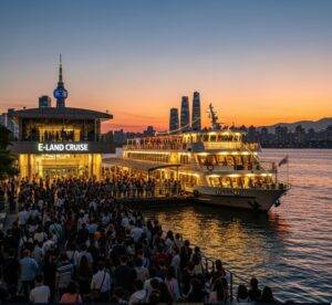 Han River Night Cruise Review: A live jazz band performing on the deck of the Moonlight Music Cruise in Seoul, with city lights in the background.

