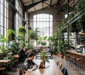The spacious, green interior of Daelim Changgo, a repurposed warehouse cafe with high ceilings, large windows, and lush plants.