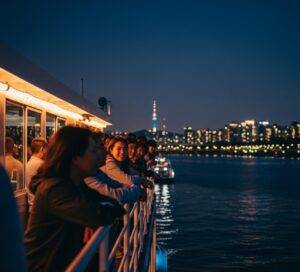 Tourists and couples enjoy the stunning night view of Seoul from the open-air deck of a Han River sightseeing cruise. A perfect, relaxing atmosphere for an evening out.