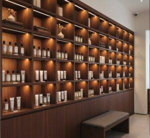 A serene and minimalist interior of the Nonfiction perfume store in Seongsu, featuring dark wooden shelves lined with elegant perfume and body care bottles.