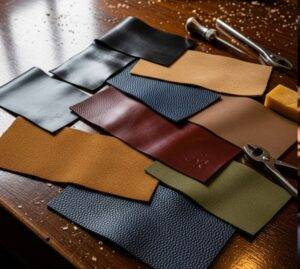 A top-down view of various high-quality leather swatches in different colors and textures, laid out in a Seongsu-dong workshop.