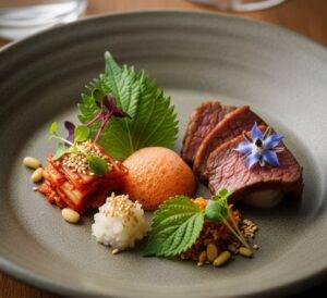 Seongsu Unique Dining: An exquisite, meticulously plated dish from a Korean fine dining tasting menu, served on minimalist handcrafted ceramic, showcasing delicate ingredients and artistic presentation.