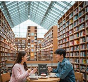 A couple sits at a cafe table inside Starfield Library, enjoying coffee and cake amidst the towering bookshelves and a string of decorative lights. The "Billy Angel Cake Company" sign is visible on their table.