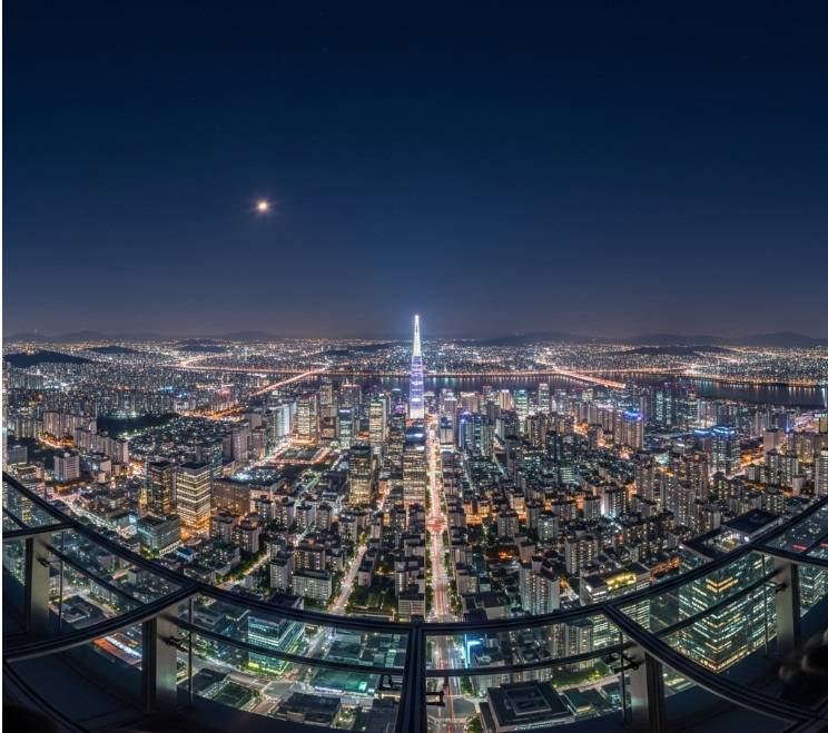A breathtaking panoramic view of Seoul's sprawling, illuminated cityscape at night, as seen from the iconic N Seoul Tower observatory, showcasing the vastness of the metropolis.