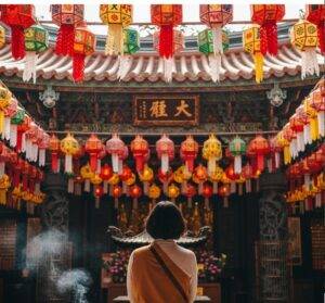 A visitor standing respectfully with hands clasped in front of a lantern-adorned temple hall at Bongeunsa.