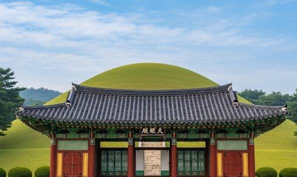 The traditional wooden Jeongjagak memorial shrine at Seonjeongneung, with the grass-covered royal tomb mound visible on the green hill directly behind it.