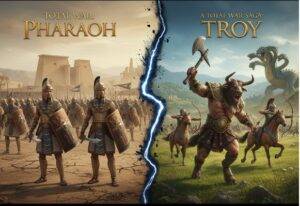 Side-by-side comparison of Total War: Pharaoh's historical Egyptian infantry units and A Total War Saga: Troy's mythological units including a Minotaur, centaur, and hydra.