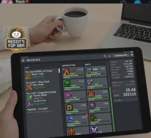 Best Mobile Games Reddit: Hands holding a tablet displaying the text-based interface of Melvor Idle, with a coffee cup and laptop in the background. A "Reddit's F2P Gem" badge is visible.
