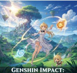 A wide-angle illustration of the lush, open-world fantasy landscape from Genshin Impact, featuring the main character Lumine and her companion Paimon floating in the foreground, with a grand city, a massive tree, and floating islands in the background. The title "GENSHIN IMPACT: MOBILE GAMING REVOLUTION" is at the bottom.