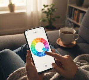 A person holding a smartphone, playing a color-matching puzzle game (like "I Love Hue Too") on a couch with a cup of tea nearby, conveying a sense of relaxation.