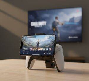 An Android phone mounted on a PS5 DualSense controller, displaying Genshin Impact, with a TV showing Call of Duty in the background.