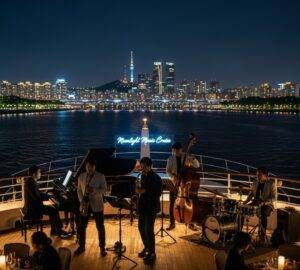 A live music band performs on the Moonlight Music Cruise on the Han River, providing entertainment against the backdrop of Seoul's sparkling city lights.