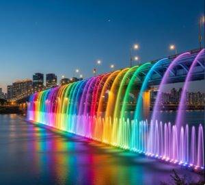 Seoul Night View Private Tour: The spectacular Moonlight Rainbow Fountain show at Banpo Bridge in Seoul, with long streams of water illuminated in vibrant rainbow colors over the Han River.