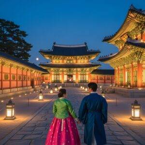 Unforgettable Romantic Things to Do in Seoul: A couple in traditional hanbok taking a romantic nighttime stroll through the illuminated Gyeongbokgung Palace.