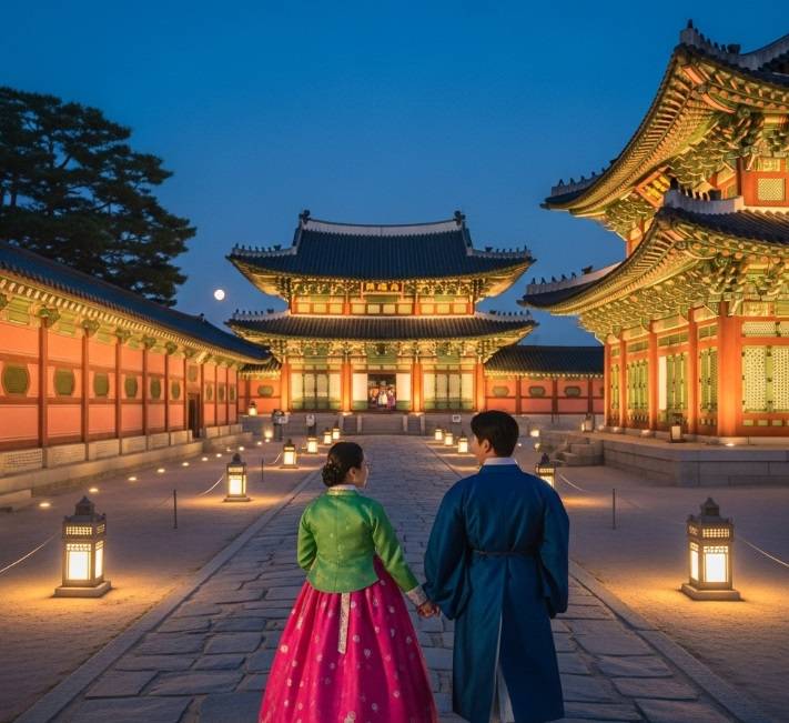 Unforgettable Romantic Things to Do in Seoul: A couple in traditional hanbok taking a romantic nighttime stroll through the illuminated Gyeongbokgung Palace.