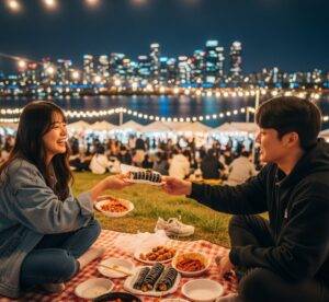People enjoying a picnic with food from the Yeouido night market, with the Han River and Seoul's city lights creating a beautiful backdrop.