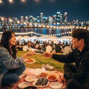 People enjoying a picnic with food from the Yeouido night market, with the Han River and Seoul's city lights creating a beautiful backdrop.