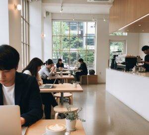 The clean and minimalist interior of Center Coffee, showing a person focused on a laptop with a cup of specialty coffee on the table.