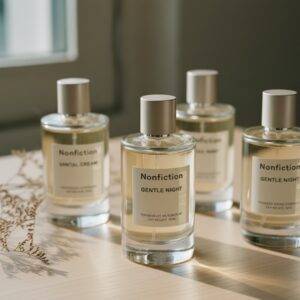 A close-up shot of elegant Nonfiction perfume bottles, showcasing their minimalist design and soft, muted labels, on a clean background.