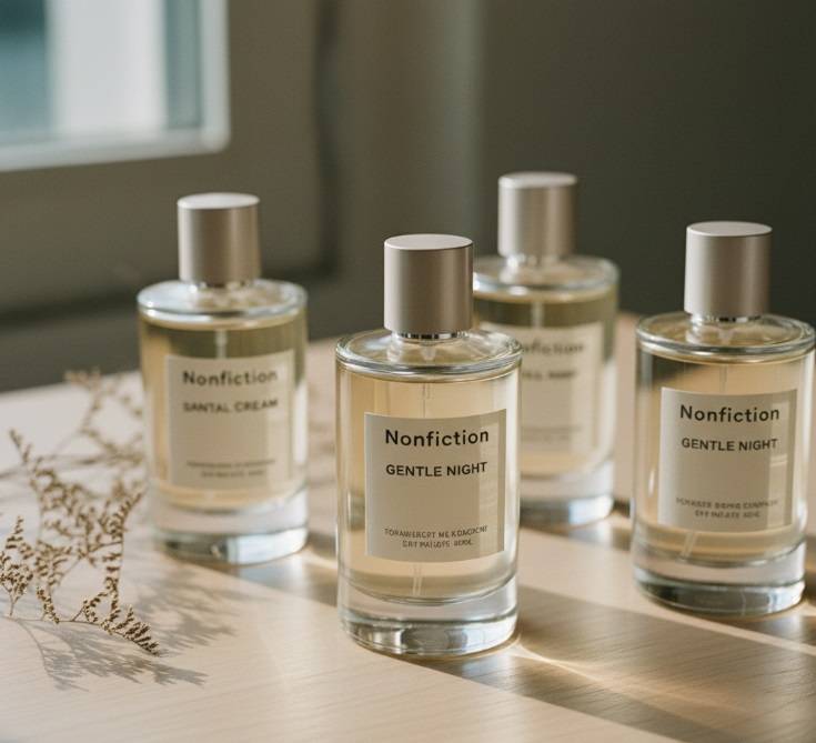 A close-up shot of elegant Nonfiction perfume bottles, showcasing their minimalist design and soft, muted labels, on a clean background.