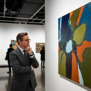 A sophisticated art collector closely examining the details of a painting in a contemporary art gallery.