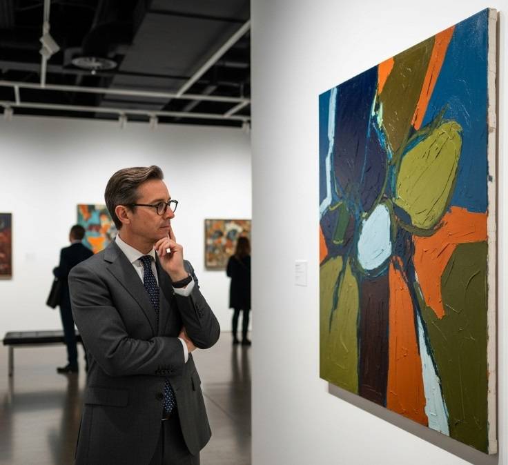 A sophisticated art collector closely examining the details of a painting in a contemporary art gallery.